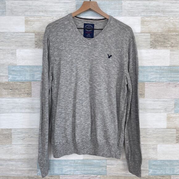 American Eagle Athletic Fit V Neck Sweater Gray Lightweight Casual Mens Large - Picture 1 of 6